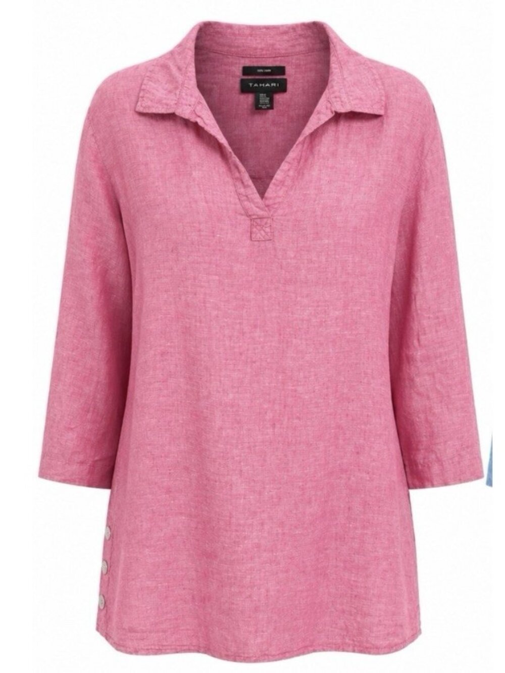 Tahari Linen v neck Popover Top Women’s 3X Pink 3/4 sleeve side button coastal